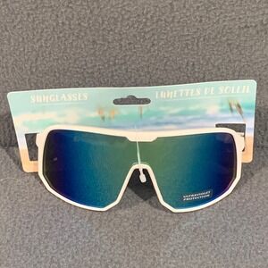 Greenbrier International White Shield Sunglasses Iridescent Blue Mirror Lens NEW